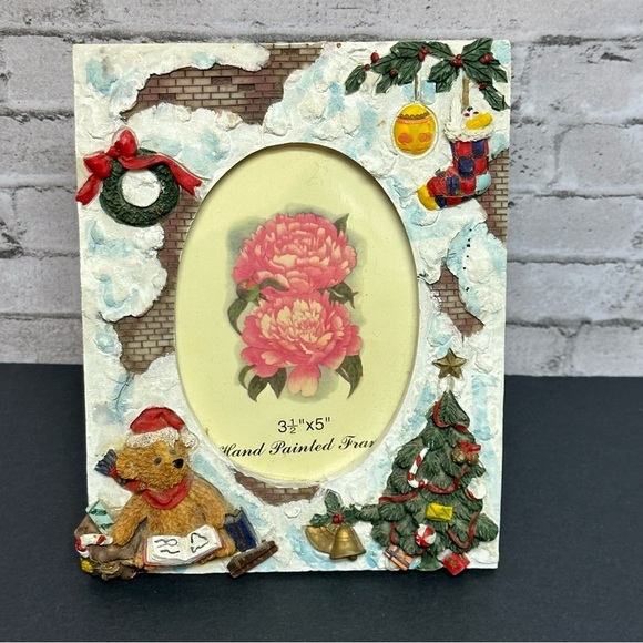 Photo Frame 3.5" X 5" Holiday Ceramic Christmas Tree Teddy Bear Wreath Snow - Picture 1 of 14